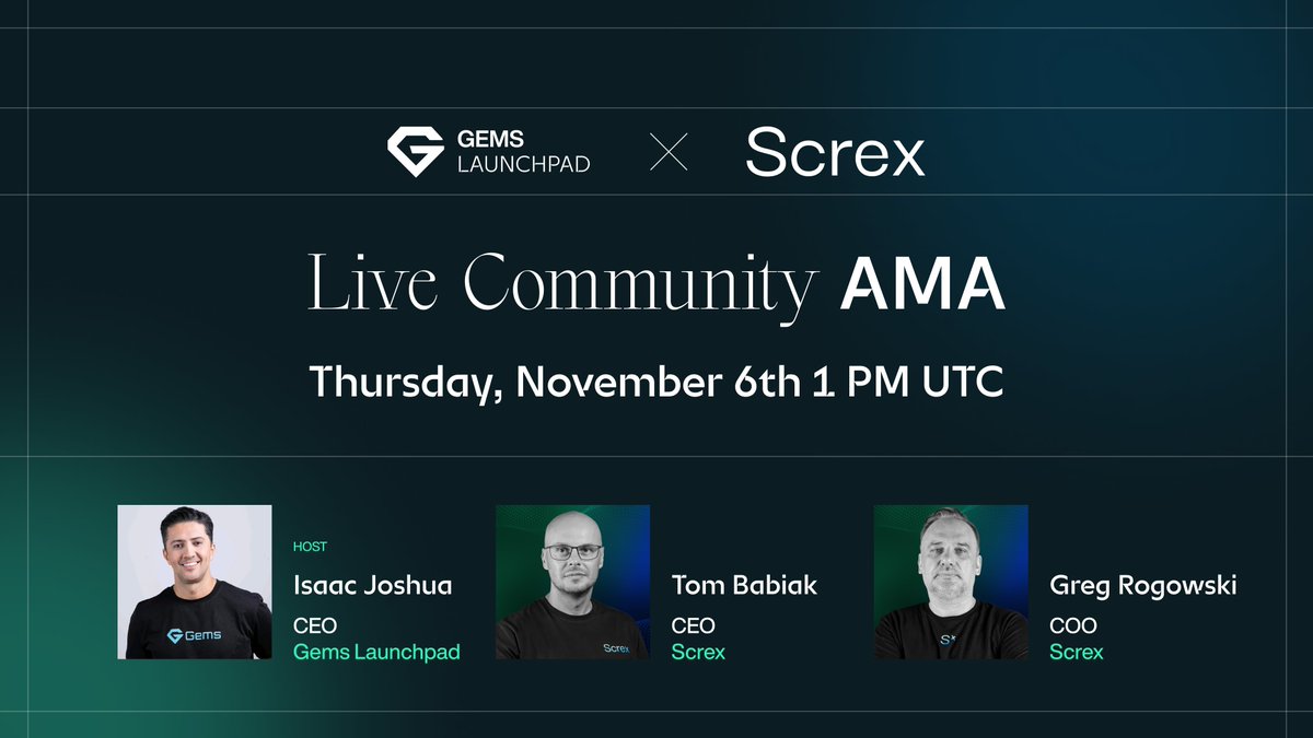 Gems_Launchpad's tweet photo. 🚨Live AMA: Screx x @Gems_Launchpad community!
We're going LIVE with the @screx_com team to break down:
✅ Credit-refund option for Premium members.
✅ Project updates.
🗓 Thursday, Nov 6.
⏰ 1 PM UTC.
📍 Zoom: https://t.co/Zt2CZv22Ez
👉 Register now! https://t.co/60I0LohsvF