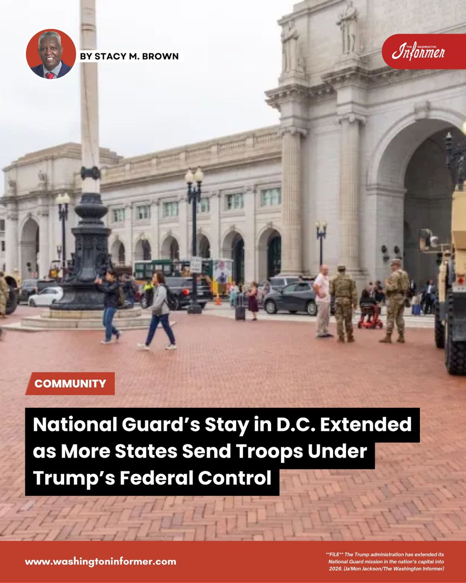 WashInformer's tweet image. Trump extends National Guard deployment in D.C. through 2026, sparking outrage from local officials over federal occupation concerns.

Read More: washingtoninformer.com/national-guard…

#NationalGuard #FederalControl #LocalGov #CivilRights #Protest #DC #DMV #WashingtonDC