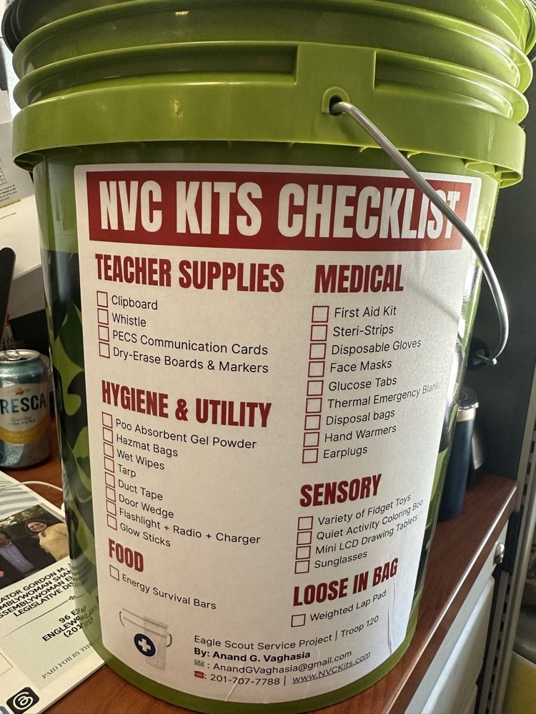 Many thanks to Anand Vaghasia and troop 120. Anand created Emergency Bucket Kits as his Eagle Scout Project. These kids were designed for Northern Valley Central. For more information on this project visit NVCKits.com