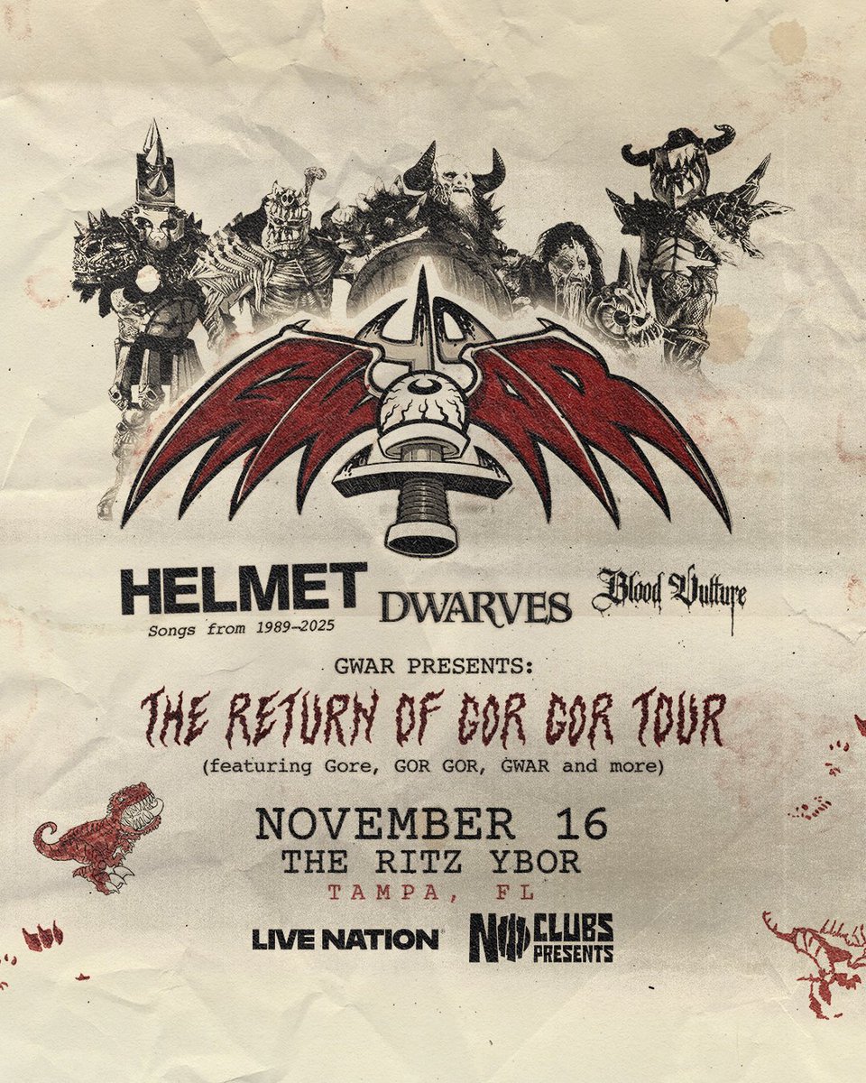 NEXT SUNDAY 👹 <a href="/gwar/">GWAR</a> presents: The Return of Gor Gor Tour in #Tampa with <a href="/Helmetmusic/">helmetmusic</a>, <a href="/thedwarvesband/">The Dwarves</a>, &amp; @bloodvultureband! ⚔️ Get your tickets online now. bit.ly/gwar1116