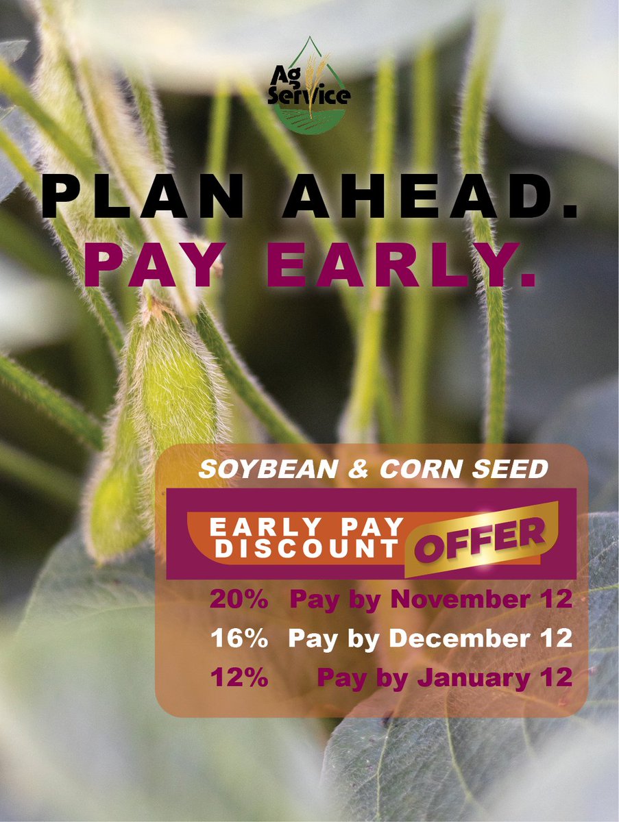 AgServiceInc2's tweet image. 📢EARLY ORDER SEED DISCOUNTS now available!

Call one of our three locations today to get your seed orders in. Or stop by our Hillsboro location and grab a seed brochure.

#AgServiceInc #GetYourSeed #EarlyPayDiscounts #SoybeanSeed #CornHybrids
