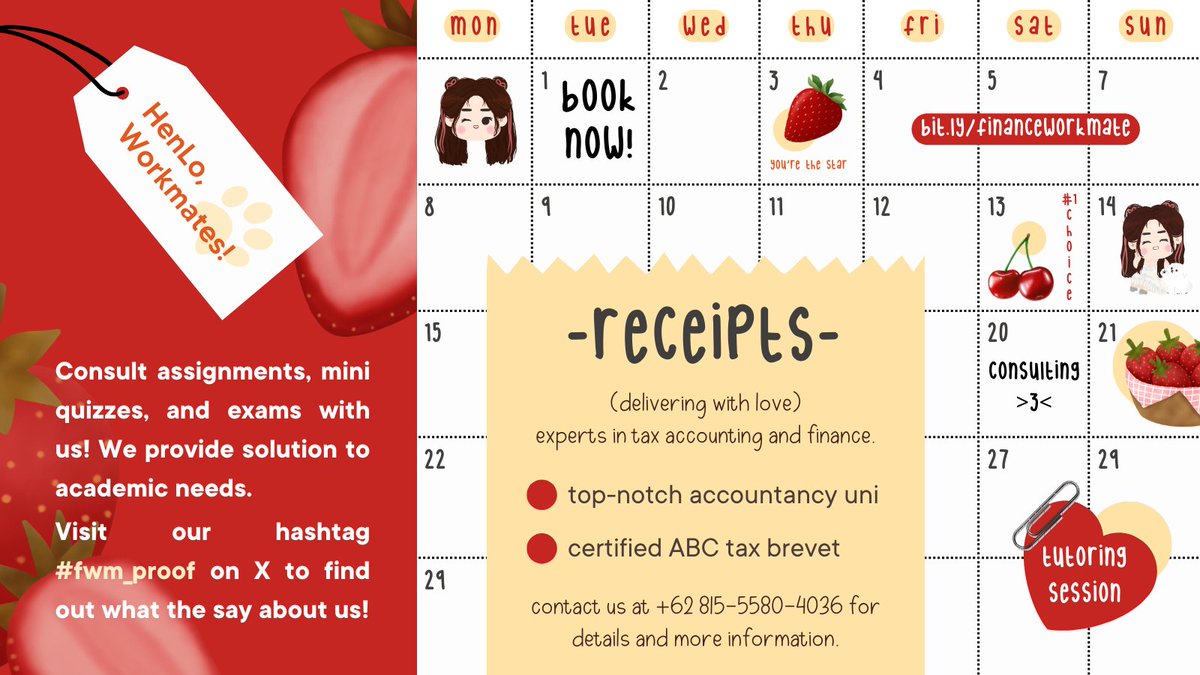 financeworkmate's tweet photo. HELLO, mates!

here we're offering our help on:
💌 tutoring
💌 assignment
💌 exam (inc. tax brevet)
for accounting, taxation, and economics.

BOOK NOW!
📞 https://t.co/eEWYlp4aYX

t. joki brevet pajak / joki perpajakan ; joki akuntansi ; joki keuangan ; joki ekonomi ; joki audit https://t.co/uKT8BkRfKW