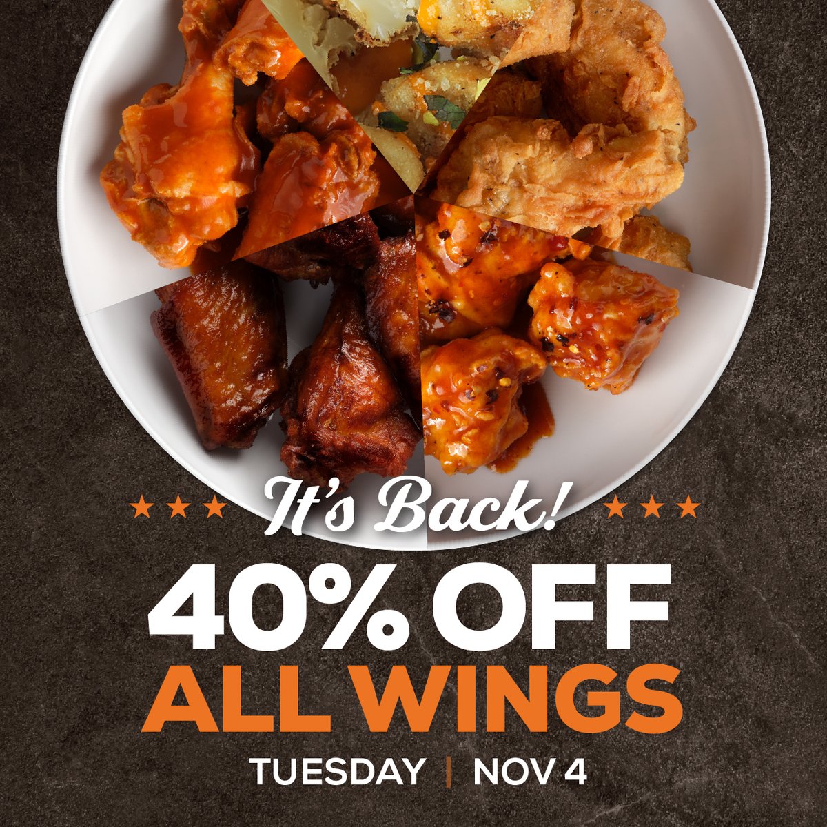 WingsAndRings's tweet photo. Your plans for today? Canceled.
Because 40% off ALL wings just became your new priority. https://t.co/AWxDP3Gfsy