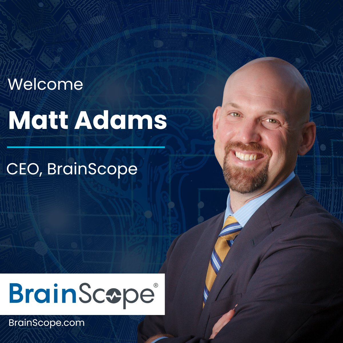BrainScope's tweet image. Leadership news: BrainScope names Matt Adams as CEO, succeeding Laurie Silver, who becomes President. Together, they’ll drive the next phase of innovation in AI-powered brain health diagnostics. #brainhealth #tbi #alzheimers #AI #EEG #biomarkers #FDAcleared