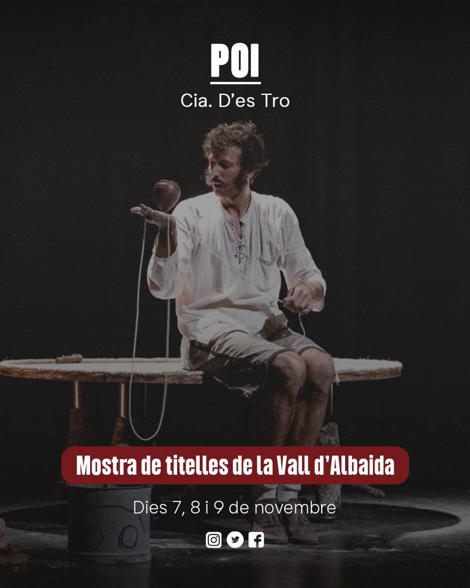🎭 POI de Cia D’es Tro 

Guillem Vizcaíno, Campió Mundial de manipulació de baldufes, fusiona les arts del circ amb aquest joc ancestral i hipnòtic.

📍 Mostra de titelles de la Vall d’Albaida
📆 Dies 7, 8 i 9 de novembre

#xarxaalcover #teatreencatala #cultura #teatre