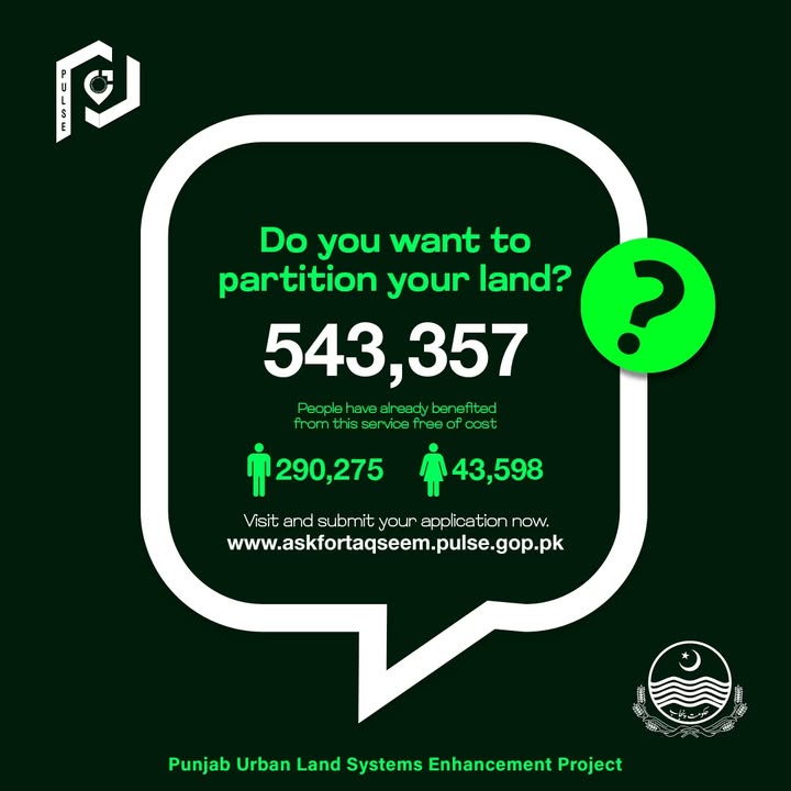 pulseproject158's tweet image. Do you want to partition your land?
Now, you can easily apply for Partitioning from the comfort of your home and 𝐅𝐑𝐄𝐄 𝐎𝐅 𝐂𝐎𝐒𝐓.
The process is simple, quick, and fully transparent.
Submit your application here:  askfortaqseem.pulse.gop.pk 

#BORPunjab #LandPartition