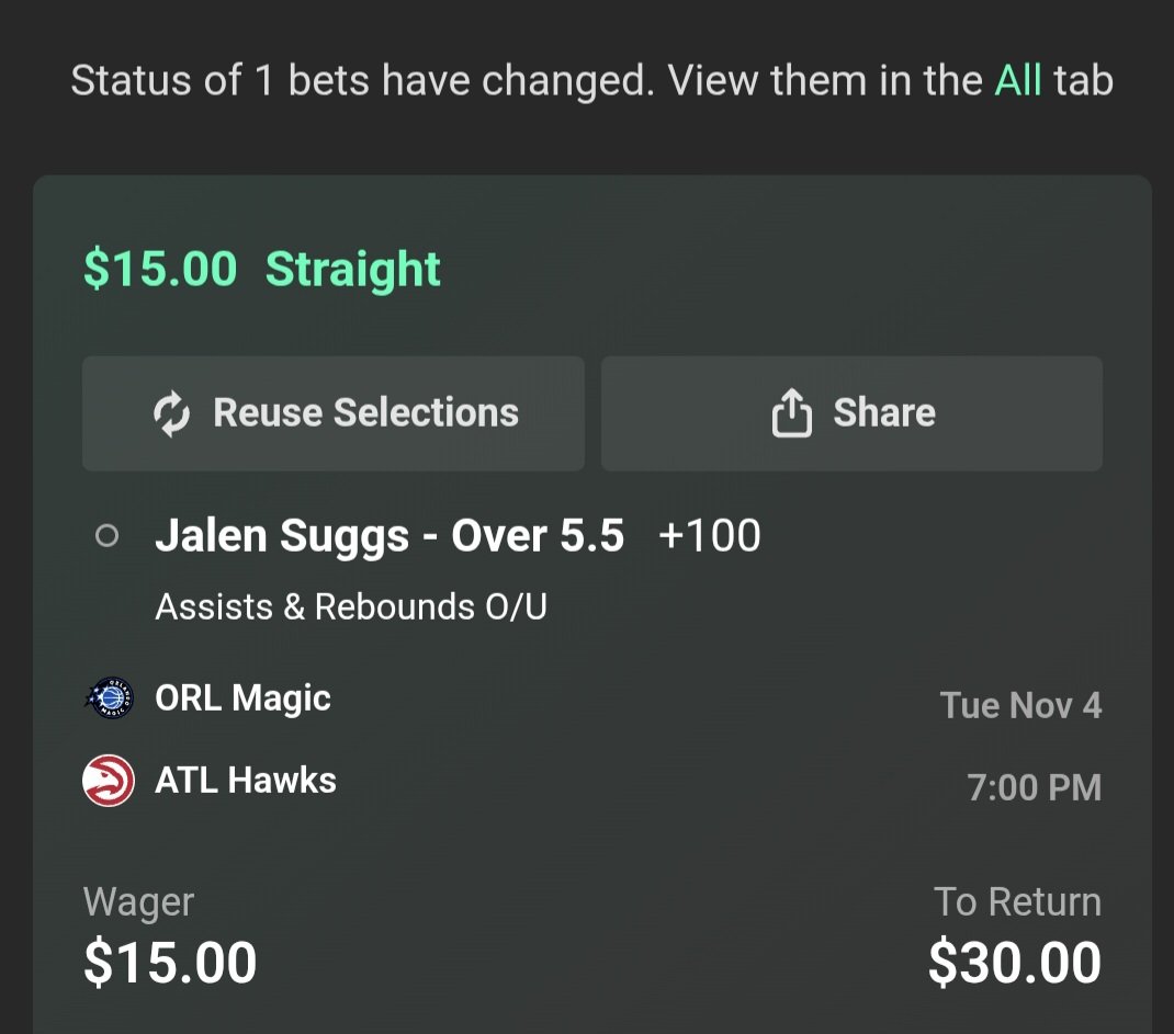 Good morning all. A new day and we are looking to break our losing steak. Here's one that is plus money. Suggs has hit this 5/L5, 100% H2H and EVERY game this year. ATL is 27th in giving up Rebounds and Assists to PG.
Bet365 has the +100.