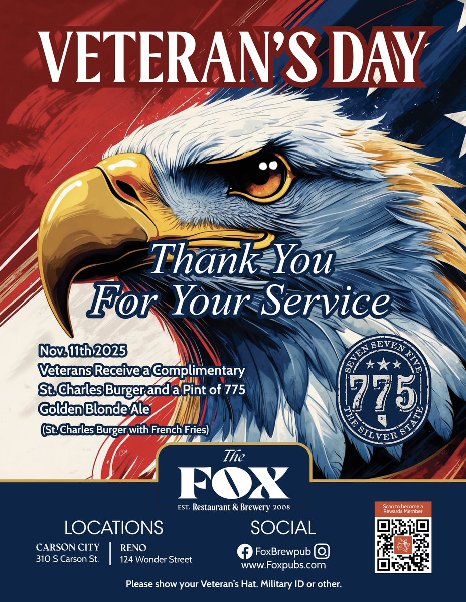foxbrewpub's tweet photo. On Veterans Day, Tuesday, November 11th, all veterans are invited to enjoy a complimentary St. Charles Burger (with fries) and a pint of 775 Golden Blonde Ale-just show your military ID.
Thank you for your service! 🇺🇸
#VeteransDay #TheFox #ThankYouVeterans https://t.co/2LzwfNBhPL
