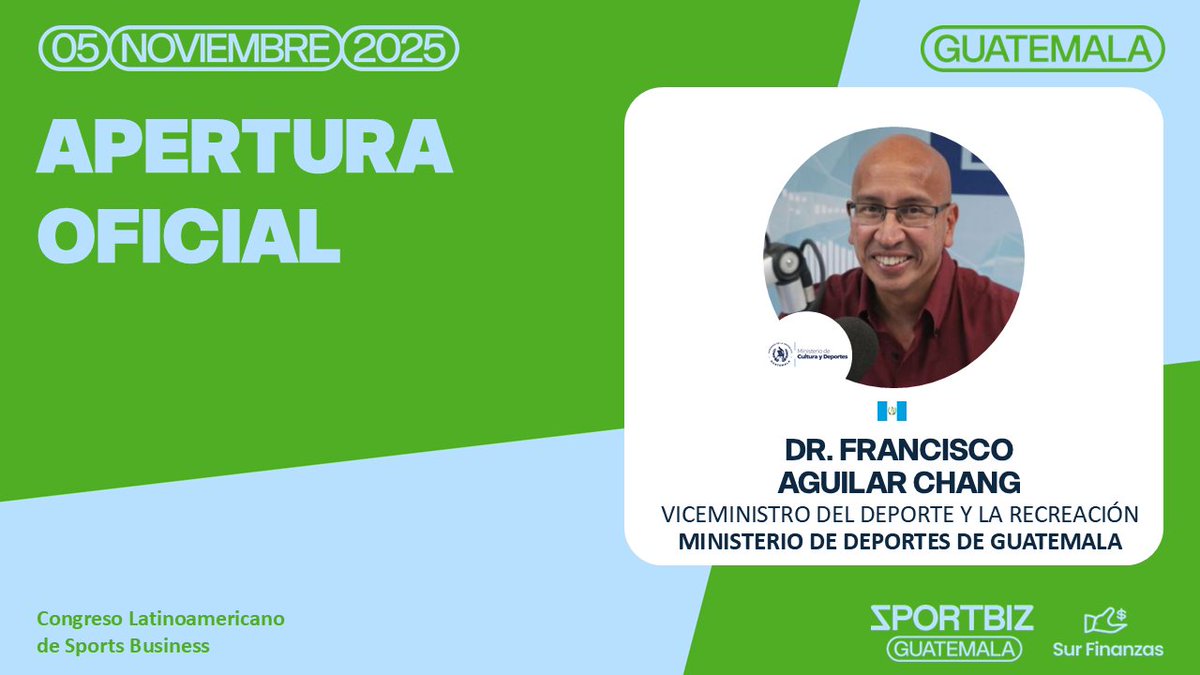📢 Anuncio de Programa
#SPORTBIZ GUATEMALA 2025 – Sur Finanzas
Apertura Oficial

La conferencia de apertura marcará el comienzo de una jornada dedicada a la innovación, la integración y el desarrollo del ecosistema deportivo centroamericano.

#SPORTBIZGUATEMALA #SURFINANZAS