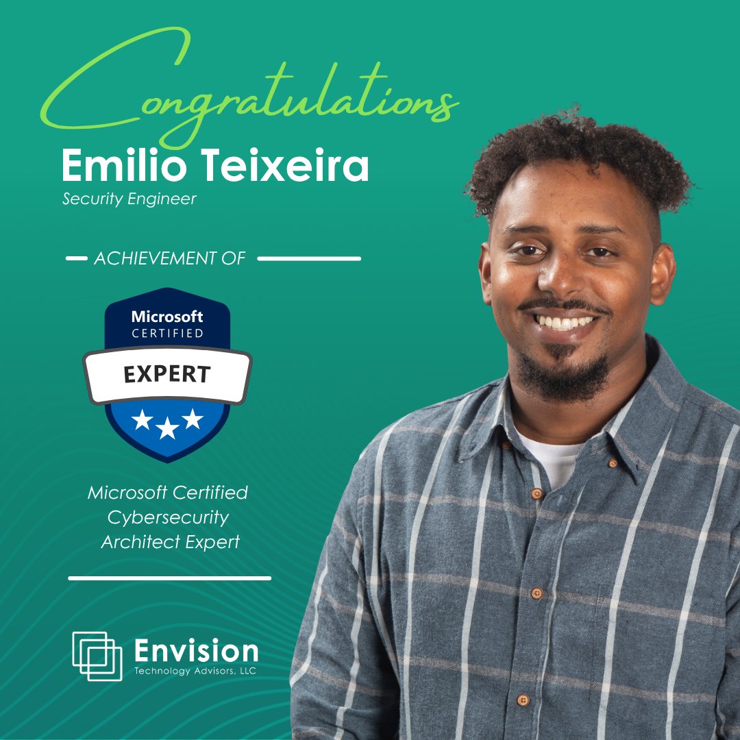 envisiontech's tweet image. Congratulations to Security Engineer, Emilio Teixeira, on becoming Microsoft Certified: Cybersecurity Architect Expert!

This achievement highlights Emilio’s advanced expertise in designing and implementing enterprise-level cybersecurity strategies.