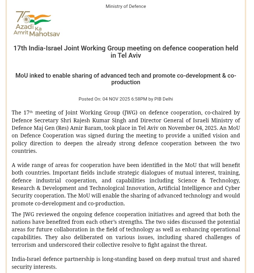 Breaking: India, Israel ink key defence agreement to enable sharing of advanced tech and promote co-development &amp; co-production; Increase cooperation in training, Artificial Intelligence and Cyber Security cooperation.
