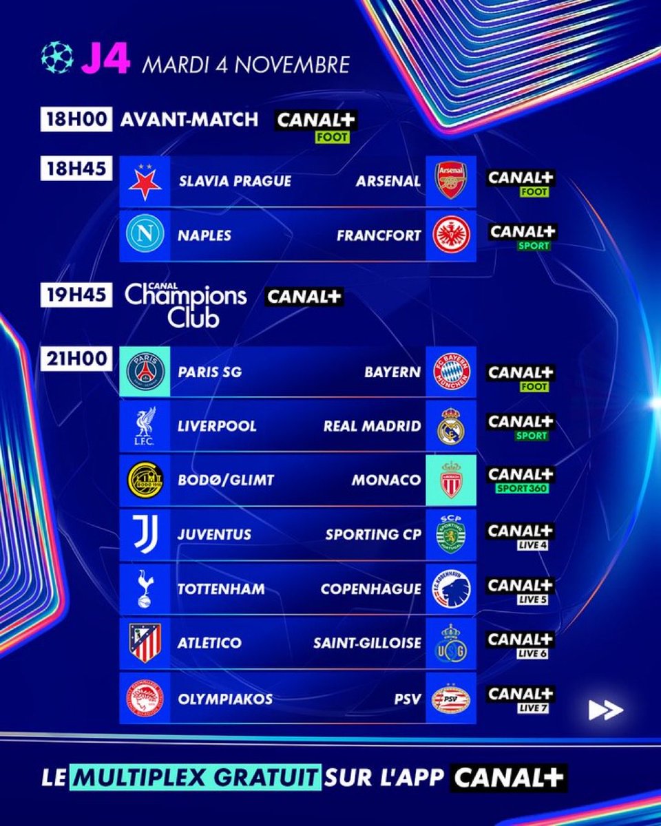 gbviret's tweet image. 🚨 C’est ce soir ! Le Multiplex de la #LiguedesChampions est diffusé gratuitement sur l’App CANAL+. 
Et les 7 matchs sont à retrouver en intégralité sur les chaînes CANAL+… c’est le moment pour s’abonner 😉

⬇️ Ci-dessous un petit récapitulatif pour retrouver vos affiches…
