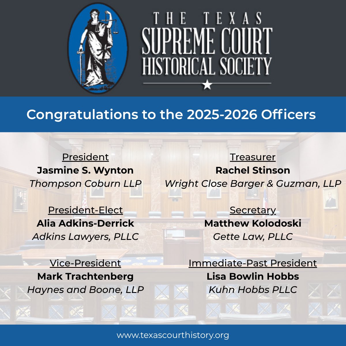 We are excited to recognize our recently elected officers: Jasmine Wynton, Alia Adkins-Derrick, Mark Trachtenberg, Rachel Stinson, Matthew Kolodoski, and Lisa Bowlin Hobbs. Thank you each for your hard work and leadership!