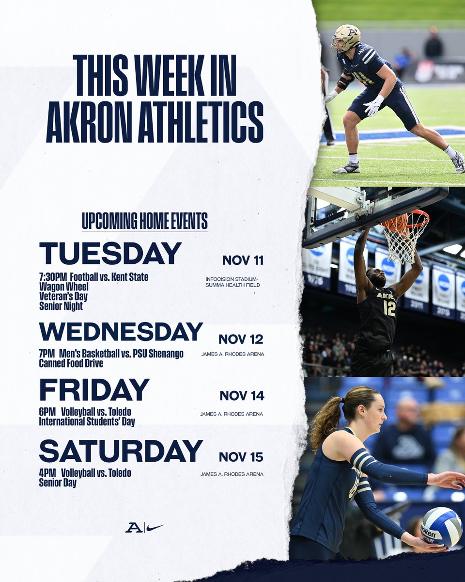This Week in Akron Athletics! 🦘

Nov. 11th <a href="/ZipsFB/">Akron Football</a> 🏈
Nov. 12th <a href="/ZipsMBB/">Akron Zips MBB</a> 🏀
Nov. 14th <a href="/ZipsVB/">Akron Zips Volleyball</a> 🏐
Nov. 15th <a href="/ZipsVB/">Akron Zips Volleyball</a> 🏐

🎟️: loom.ly/TADzUb4

#GoZips 🦘| #MakeTheClimb