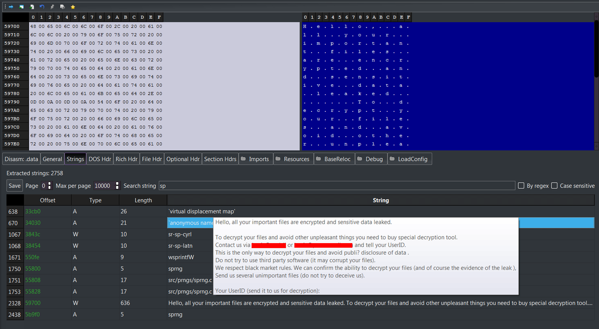 clibm079's tweet image. PE-Bear reveals the embedded RansomNote via its string hover preview — a practical highlight that makes it perfect for quick visual triaging. 💙