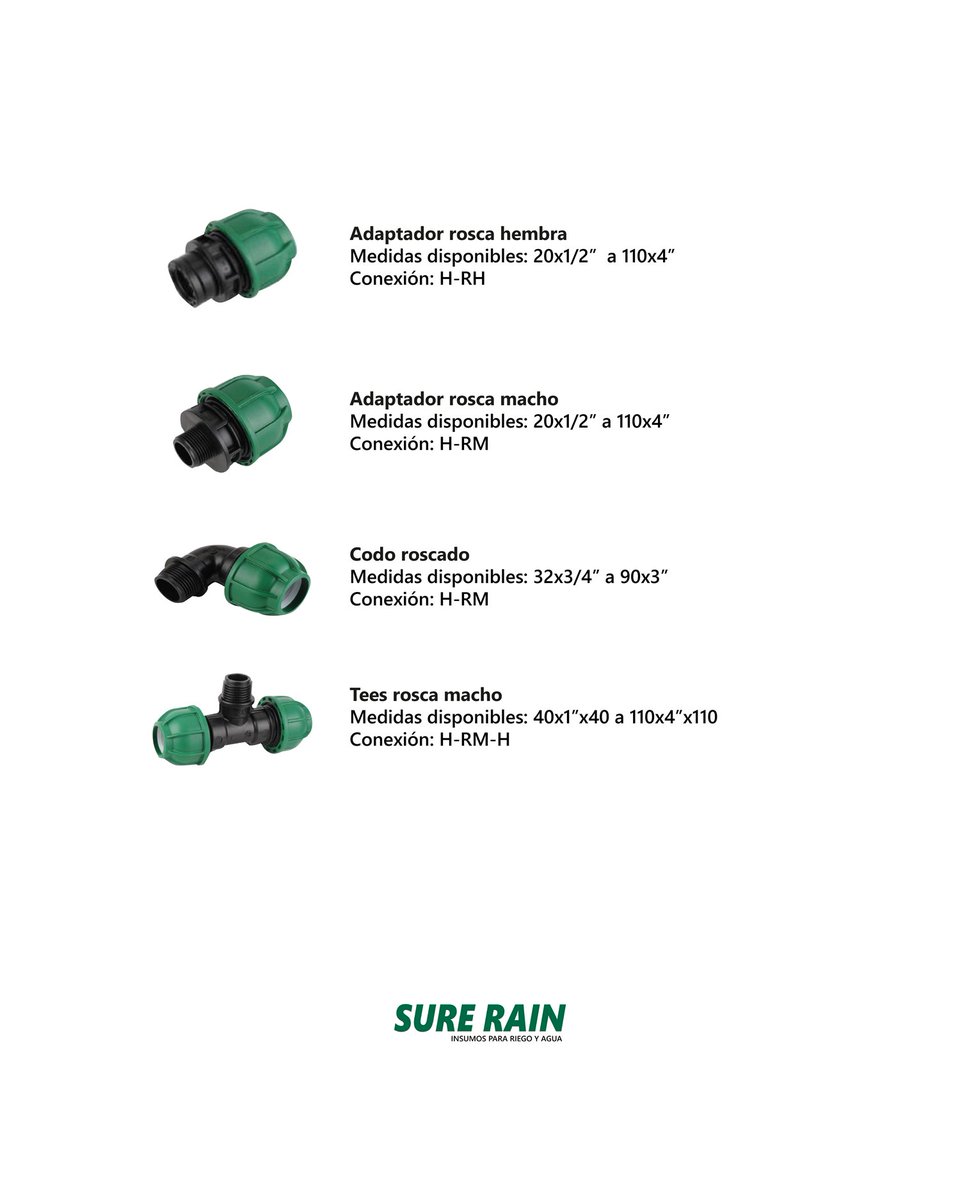 SureRain's tweet image. Conectores para polietileno de alta densidad 💦

👉 Unión
👉 Reducción
👉 Adaptador RH / RM
👉 Final de línea
👉 Codo roscado / 90°
👉 Te / Te RM

Sure Rain, importador y distribuidor mayorista de productos para agua y riego.

🌐 surerain.com