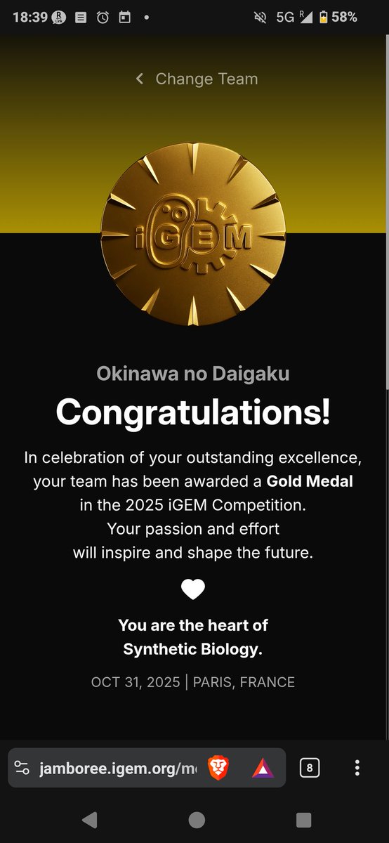 WaheiH2024's tweet photo. I'm happy to announce iGEM Okinawa team got gold medal!
This was a great opportunity to contribute to the Okinawan community which I came from. 
Thanks for great team! https://t.co/swtYmRhkML