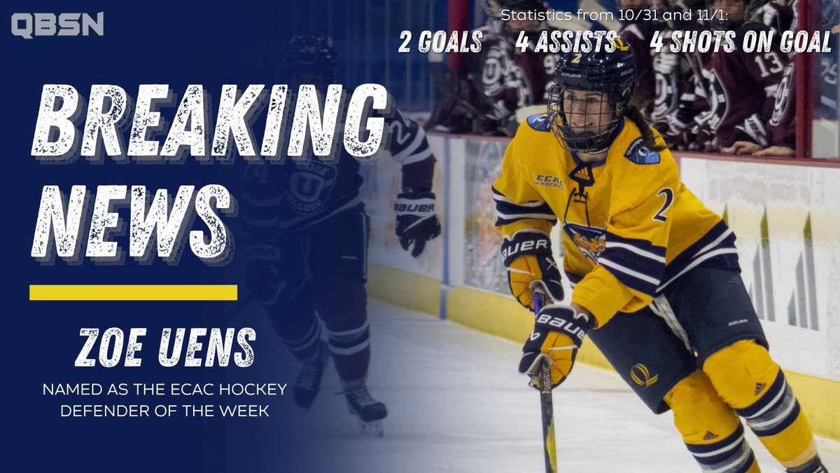 WHOK: <a href="/QU_WIH/">Quinnipiac Women's Ice Hockey</a> senior defender Zoe Uens has been named as the ECAC Hockey Defender of the Week.

The assistant captain scored twice in the Bobcats' Saturday afternoon win over RPI and recorded four assists across two games.

#ECACHockey