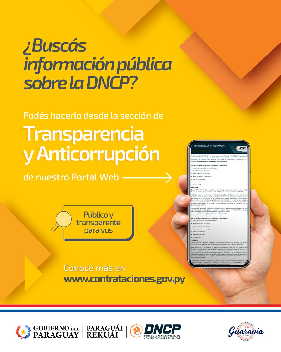 🖥️ ¿Sabés dónde encontrar información pública en el portal de la DNCP?

Explorá la sección de Transparencia y Anticorrupción para acceder a todos los datos de contratación pública. 🔍

Más detalles en 🔗 bit.ly/Transparencia-…