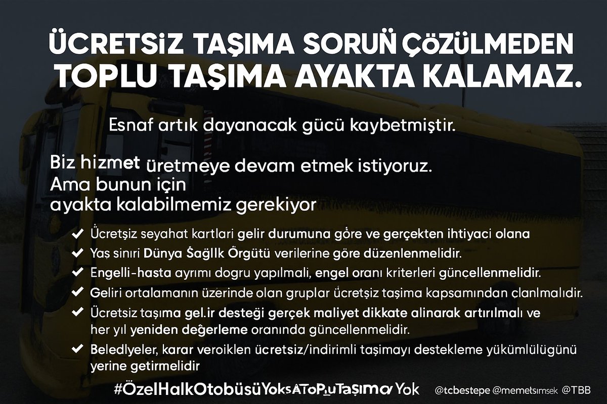 Esnafın kanayan yarası ücretsiz taşıma!
1 Ocak 2026’da yeni dönem başlıyor ama destekler yine yetersiz.

Ücretsiz binişler tam biniş ücreti üzerinden karşılanmadıkça bu yük esnafın omuzunda kalmaya devam edecek.

Sosyal hizmetin faturası esnafa kesilmez!

<a href="/tcbestepe/">T.C. Cumhurbaşkanlığı</a>