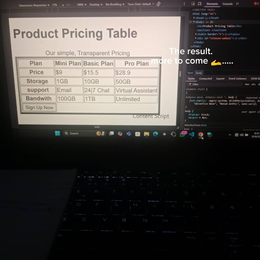 asteech_web3's tweet image. HTML Day 4/: Mastering Table Data Structure

Today, my focus was on the correct structure of HTML tables. I learned how to organize complex data by building a clean pricing table.
Key principles learnt:

Row-First Structure: Tables are built horizontally, one table row (&amp;lt;tr&amp;gt;) at…