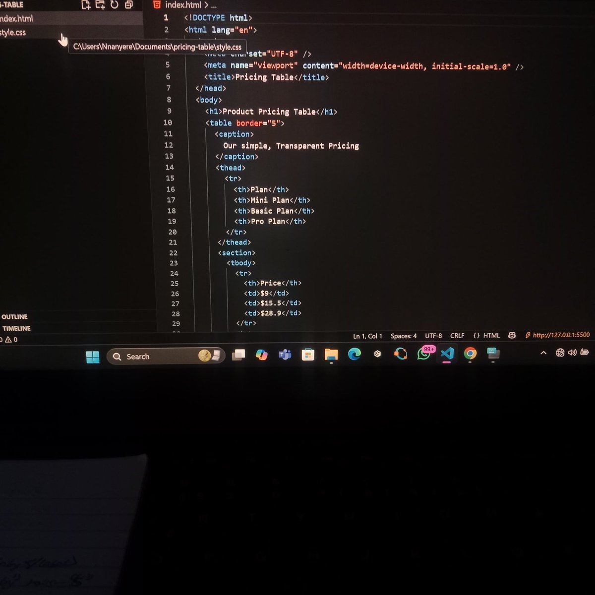 asteech_web3's tweet image. HTML Day 4/: Mastering Table Data Structure

Today, my focus was on the correct structure of HTML tables. I learned how to organize complex data by building a clean pricing table.
Key principles learnt:

Row-First Structure: Tables are built horizontally, one table row (&amp;lt;tr&amp;gt;) at…