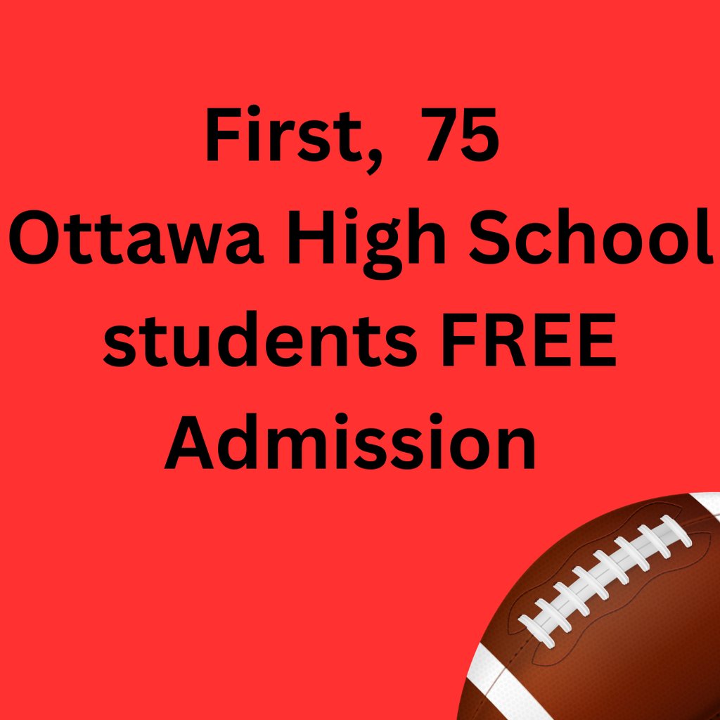 Thank you to our amazing football parents! The first 75 Ottawa High School students to arrive at the South Parking Lot gate starting at 5 PM will receive FREE admission to the game! 🏈
Kickoff at 7 PM — come out and support your Cyclones! ❤️🖤
#CyclonePride