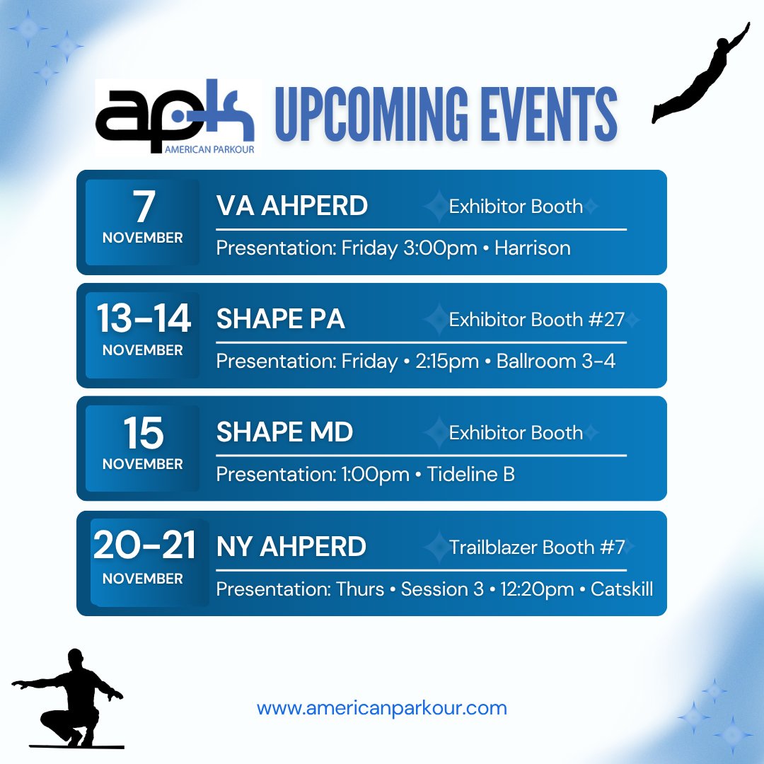 UPCOMING: <a href="/vahperd/">Virginia AHPERD</a> 11/7 — Booth &amp; Session Fri 3:00p (Harrison). @shape_pa 11/13–14 — Booth #27; Fri 2:15p (Ballroom 3–4). <a href="/shapemaryland/">SHAPE Maryland</a> 11/15 — Booth;  1:00p (Tideline B). <a href="/NYSAHPERD/">NYS AHPERD</a> 11/20–21 — Trailblazer #7; Sesh: Thu 12:20p (Catskill). Thx <a href="/SHAPEAmerica/">SHAPE America</a>  #ParkourInPE #parkour