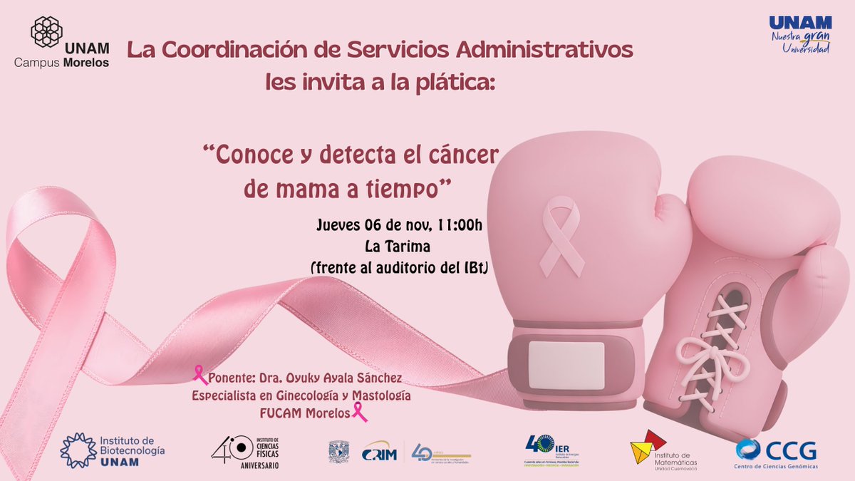 En el marco del mes de los cuidados #Octubre , la Coordinación de Servicios Administrativos, les invita a la plática "Conoce y detecta el cáncer de mama a tiempo"
Imparte la Dra. Oyuki Ayala de FUCAM
Jueves 06 de noviembre, 11:00h en la Tarima del Campus
Les esperamos! 🩷