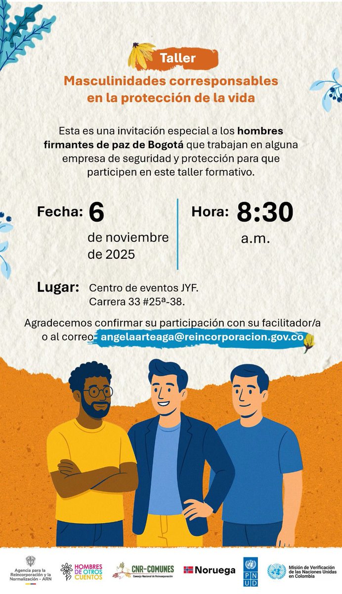 👤 Taller de masculinidades corresponsables en la protección de la vida

Les invitamos a los hombres firmantes de paz en Bogotá que trabajan en empresas de seguridad y protección a participar. 

🗓  6 de noviembre de 2025
🕣  8:30 a. m.
📍 Carrera 33 #25a - 38