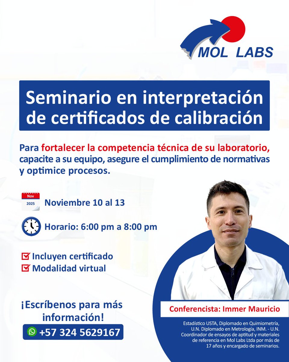 MolLabs's tweet photo. ✨ Capacita a tu equipo con expertos en metrología.
Participa en nuestro seminario en Interpretación de certificados de calibración 🔍
🎁 Precio especial fin de año
📲 Asegura tu lugar antes del inicio 👉 https://t.co/f2mhgwPxJP
#Laboratorios #ISO17025 #Metrología #MOLLABS https://t.co/M9jiKdCG1a