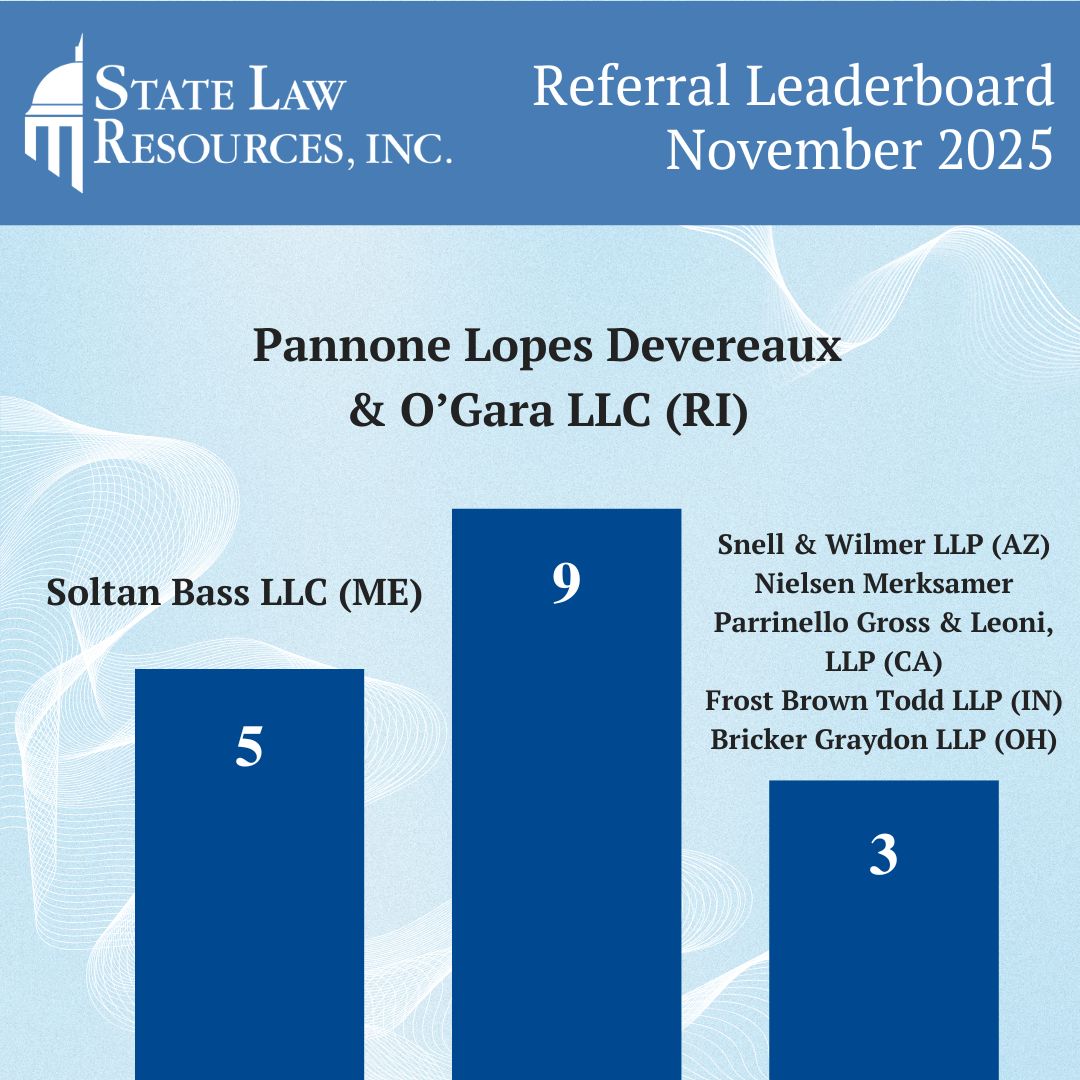 Here's the latest SLR Referral Leaderboard! 🏆 We recorded more than 10 referrals last month. Anytime you use the #SLRmember network, let us know! Inform Hannah or Erin about any inbound or outbound referrals to be recorded in the report ⚖️