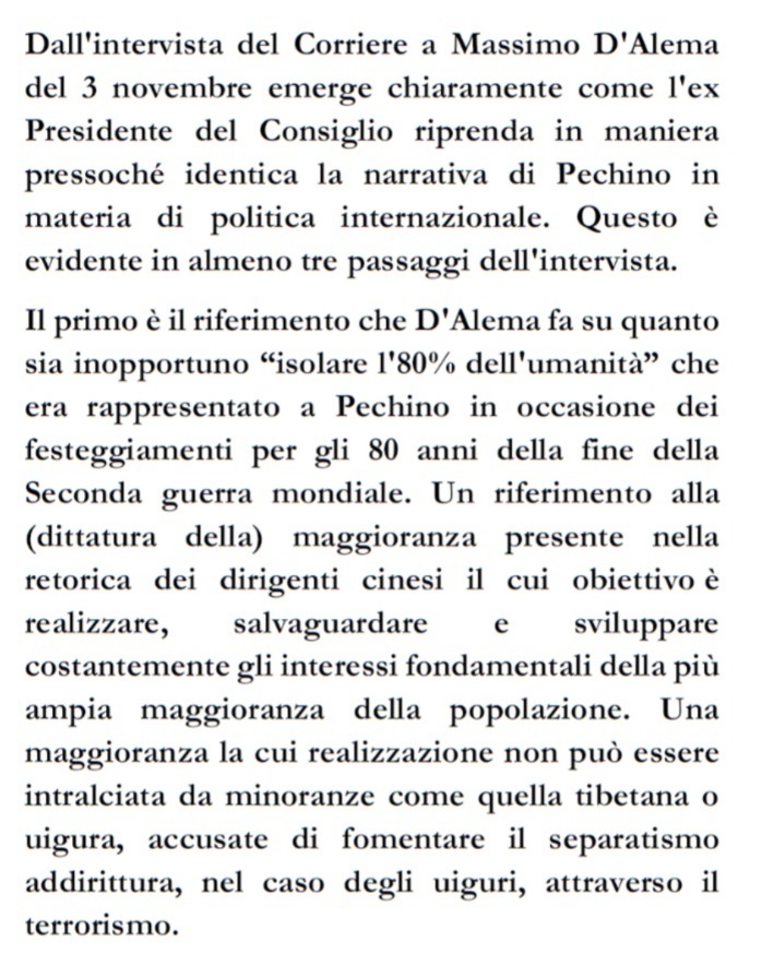 Sulla -diciamo- "sorprendente" intervista a #DAlema nel #Corsera di ieri, tre (s)punti molto spontanei.  
1/4

<a href="/fleinaudi/">Fondazione Luigi Einaudi</a> <a href="/GlobalCRL/">GlobalCRL</a> <a href="/ispionline/">ISPI</a> <a href="/IAIonline/">Istituto Affari Internazionali - IAI</a> <a href="/RadioRadicale/">Radio Radicale</a> <a href="/Corriere/">Corriere della Sera</a> <a href="/giuliapompili/">Giulia Pompili</a> <a href="/Dolkun_Isa/">Dolkun Isa</a> <a href="/HelenaLegarda/">Helena Legarda</a> <a href="/PaoloFormentin1/">Paolo Formentini</a>