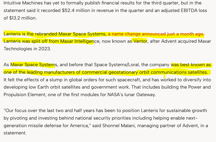 loco_dela_bolsa's tweet photo. $SATL #Satellogic #Maxar #Lanteris #Vantor Maxar / Lanteris sold to Intuitive Machines.
- One month ago Maxar was divided in two co, space systems (Lanteris) and intelligence (Vantor), under Advent International.
Were they preparing for this? https://t.co/fgMOTBVxXm