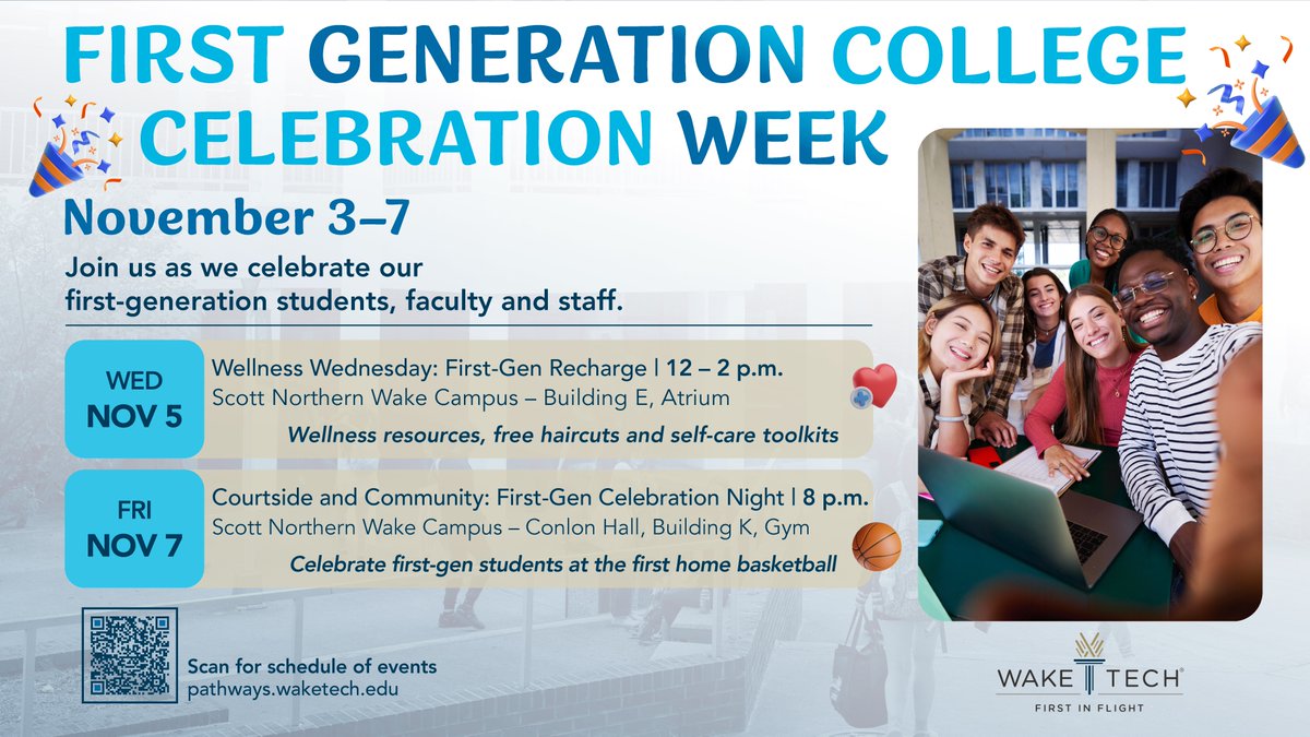 waketechcc's tweet photo. Join us for a First-Gen celebration packed with good vibes - live DJ, dancing, self-care gifts, wellness resources and fresh fruit + veggie grab bags. 🍎💙

Take a break. Celebrate YOU. #FirstGenWeek https://t.co/77sghrvqwq