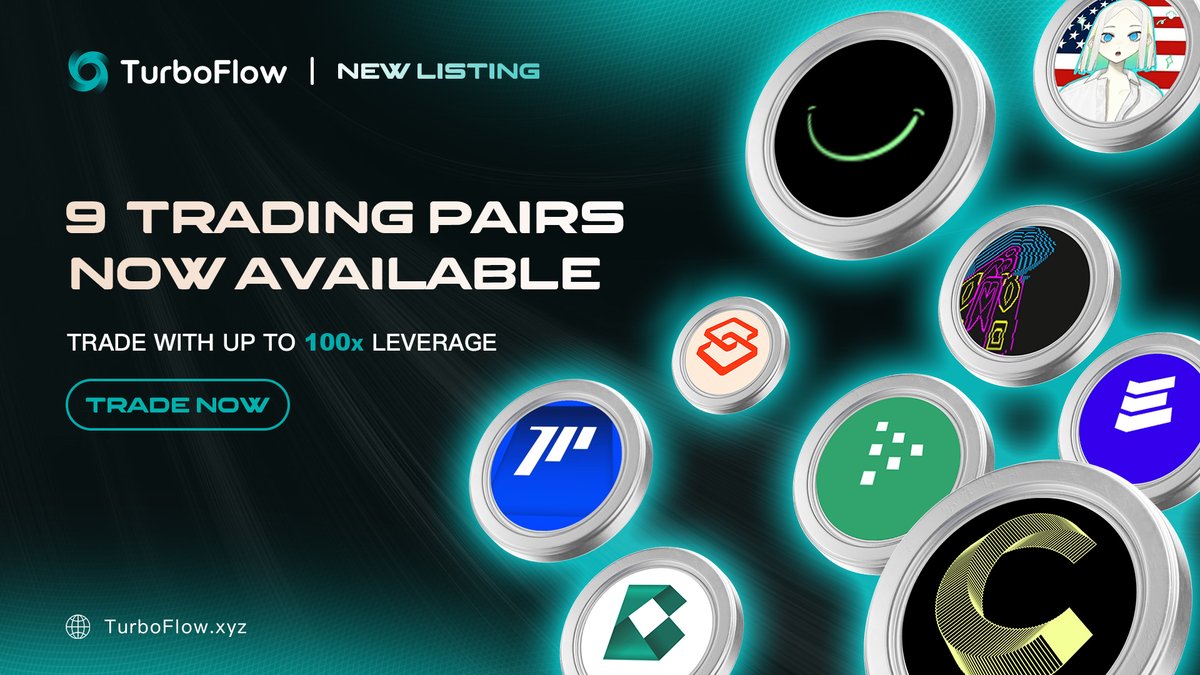 TurboFlow_xyz's tweet image. 📢TurboFlow New Listing🌀

9 token pairs are available for trading on TurboFlow: MMT/USDT, ARC/USDT, ZEREBRO/USDT, SCRT/USDT, CC/USDT, LPT/USDT, AVAAI/USDT, BDXN/USDT and EVAA/USDT

Now you can long or short those token pairs with up to 100x leverage, fully decentralized and zero…