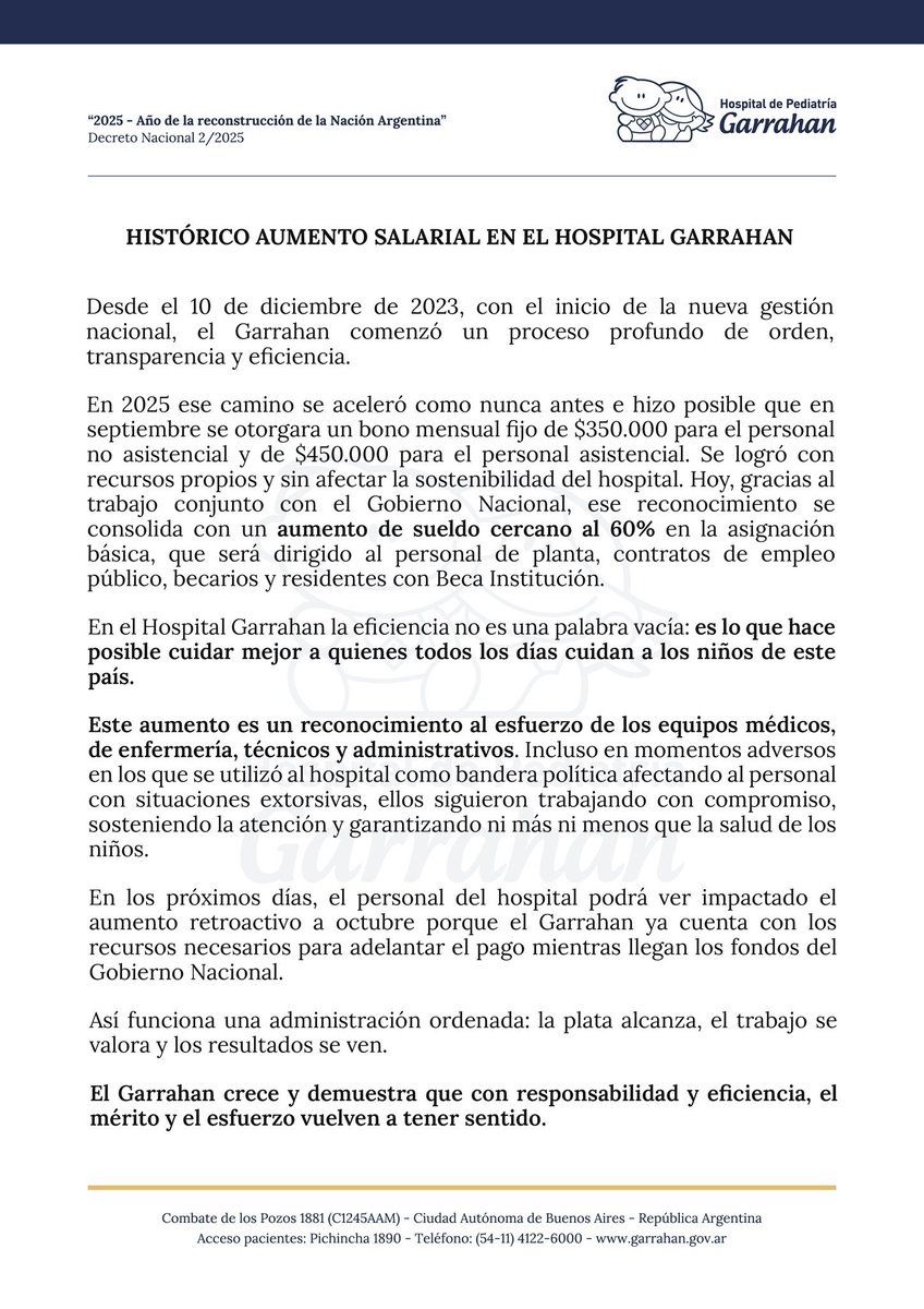 TraductorTeAma's tweet image. HISTÓRICO AUMENTO SALARIAL EN EL HOSPITAL GARRAHAN

Desde el 10 de diciembre de 2023, con el inicio de la nueva gestión nacional, el Garrahan comenzó un proceso profundo de orden, transparencia y eficiencia.

En 2025 ese camino se aceleró como nunca antes e hizo posible que en…