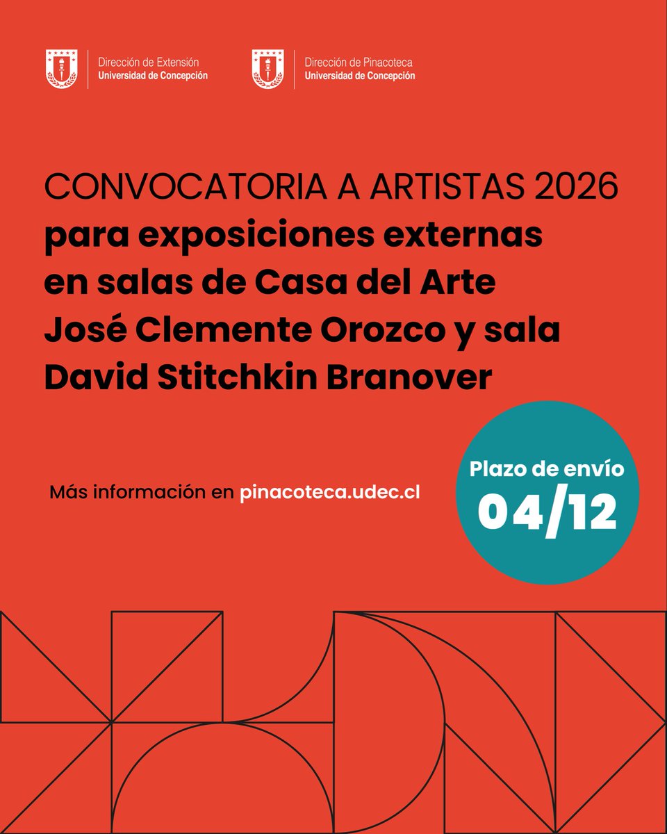 Convocatoria abierta 🎨
Artistas pueden postular a la programación expositiva 2026 en la Casa del Arte y Sala David Stitchkin Branover.
📅 Hasta el 4/12/2025 → casadelarte@udec.cl
🔗 Revisa bases y detalles técnicos en ➡️ bit.ly/47FXUgL