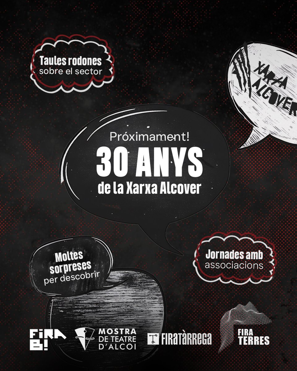 COMPTE ENRERE! ⏳ Estem preparant un 30è ANIVERSARI històric!

La #XarxaAlcover celebra tres dècades i aprofita aquest moment per donar un nou impuls a la gestió, amb un aire fresc i una visió renovada del sector. 😊

Estigueu molt atents a les nostres xarxes! 

#teatreencatala