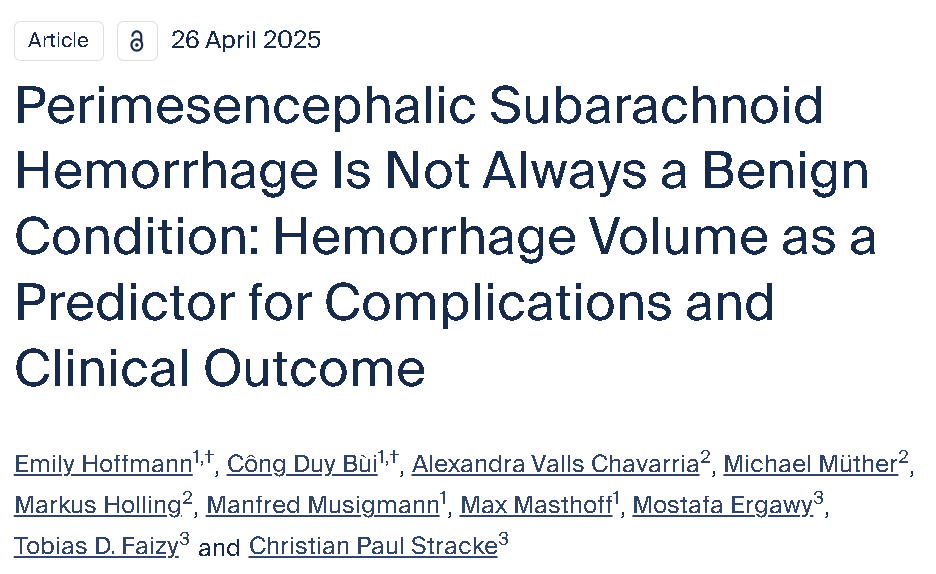 IvanGHMD's tweet photo. Perimesencephalic subarachnoid hemorrhage (pmSAH) has long been labeled “benign.”

But new evidence says otherwise 👇

A recent study found that larger hemorrhage volume strongly predicts hydrocephalus, vasospasm, and worse outcomes - even when no aneurysm is found. https://t.co/yatZApTGan