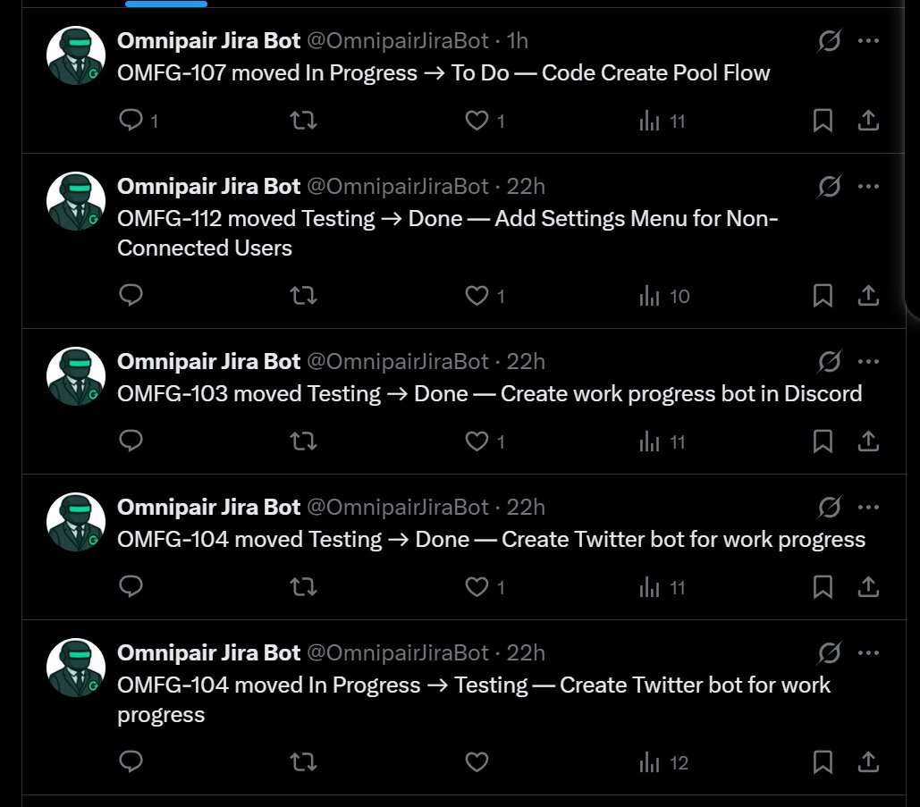 Follow our new progress bot <a href="/OmnipairJiraBot/">Omnipair Jira Bot</a> for daily team updates right in your feed.

Built for maximum transparency on team daily progress until (and after) launch. 🚀

Discord members get progress updates in a dedicated channel, join us: discord.gg/omnipair