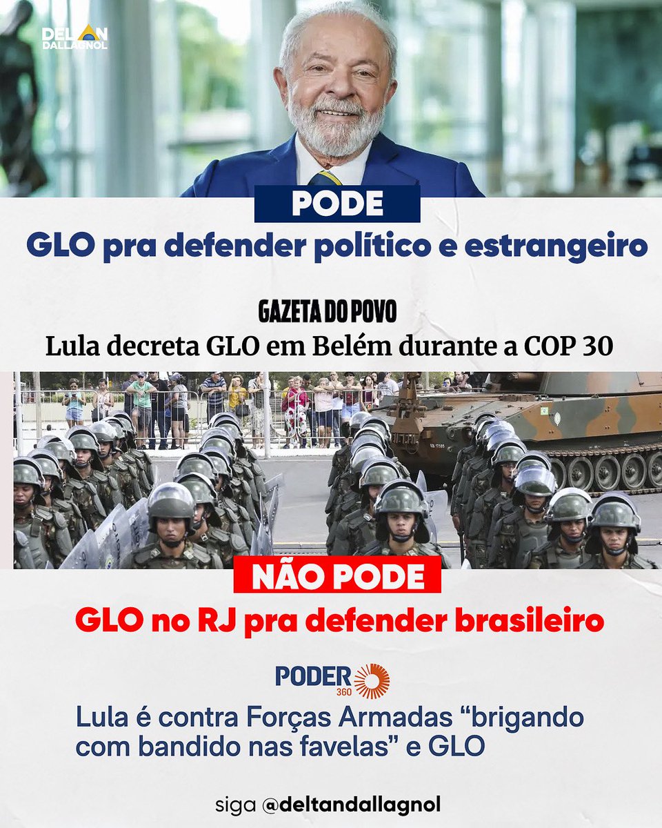 🚨 Esse é o governo Lula: aciona o Exército pra proteger políticos em Belém, mas ignora o Rio de Janeiro em chamas.

Enquanto o governo federal decreta GLO na COP 30 pra garantir a segurança dos amigos estrangeiros, o mesmo presidente negou três vezes os pedidos de ajuda do