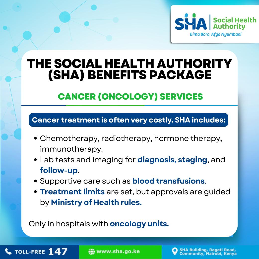 WilliamsMkenya's tweet photo. Cancer care with dignity and access for all. The #SHACancerPackage ensures patients receive full oncology services — treatment, diagnosis, and follow-up — including chemo, radiotherapy, and supportive care, all within accredited hospitals with expert guidance. https://t.co/WZeutN4odN