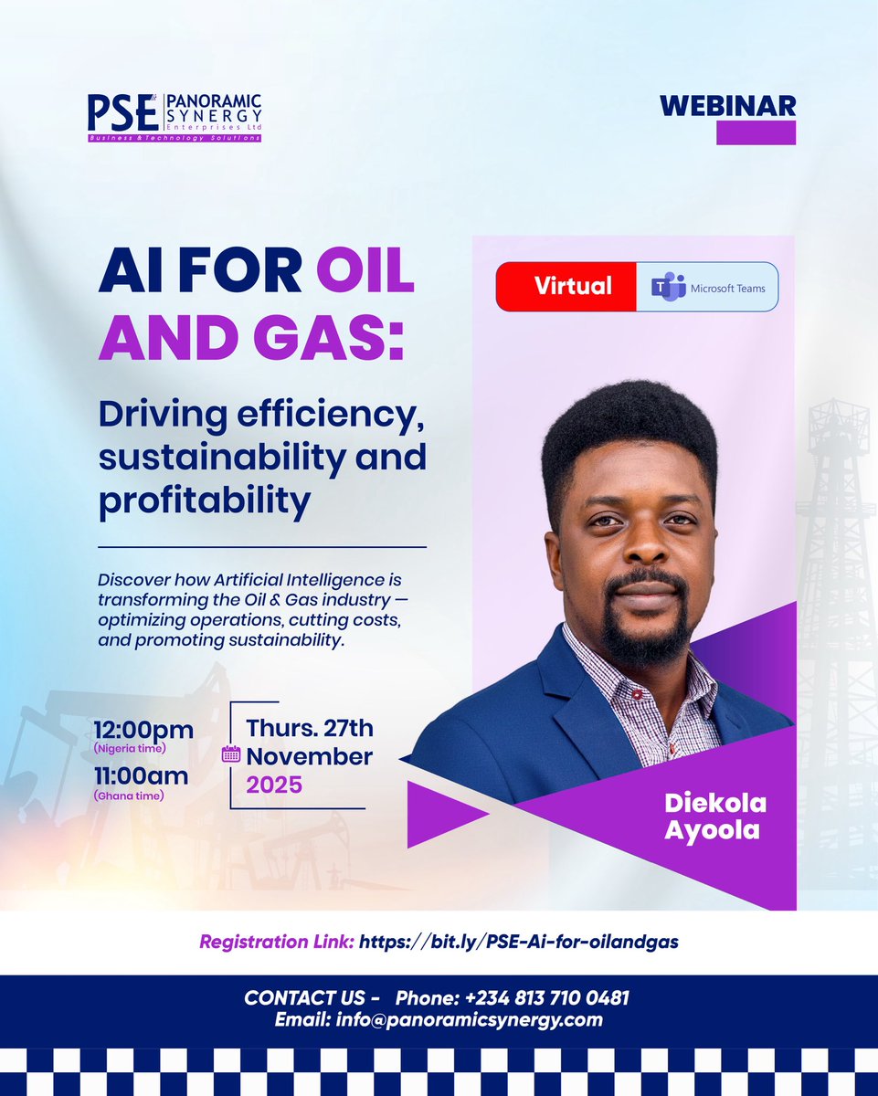 Join us as we explore how AI-driven innovation is unlocking new levels of efficiency, safety, and profitability across the industry.

📅 Date: November 27, 2025
🎙️ Speaker: Diekola Ayoola
🔗 Register now: bit.ly/PSE-Ai-for-oil…

panoramicsynergy.com