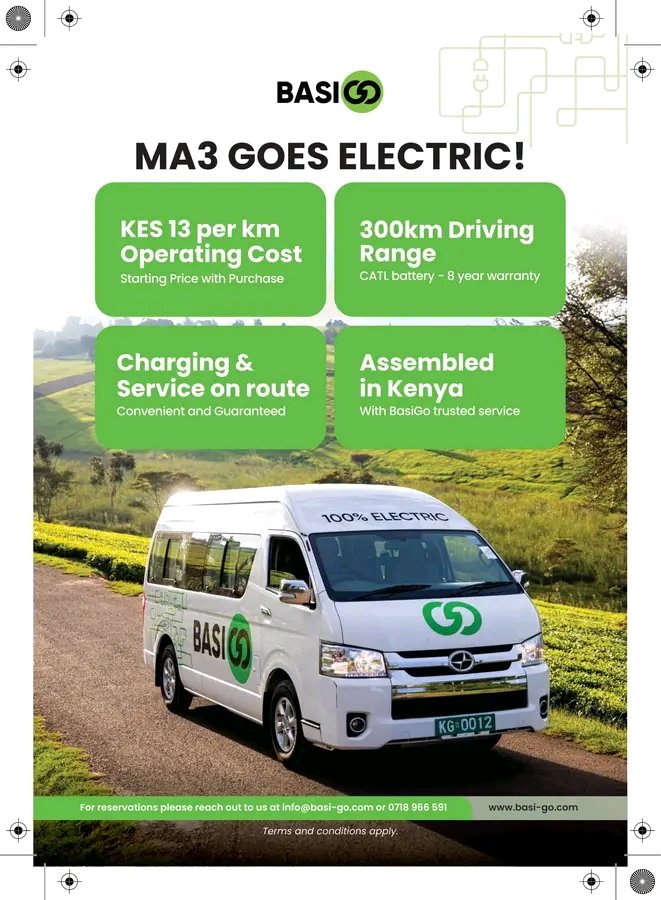 BasiGo is driving Kenya Into The Electric Future! 

Meet Ma3E -The Electric Matatu Built For Our Roads and Operators.
🔋 300km range | 💰 From KES 13/km
🪙 From KES 5.5M | 🔁 Lease at KES 27/km

Deliveries Start 2026. 👉 basi-go.com/ma3e