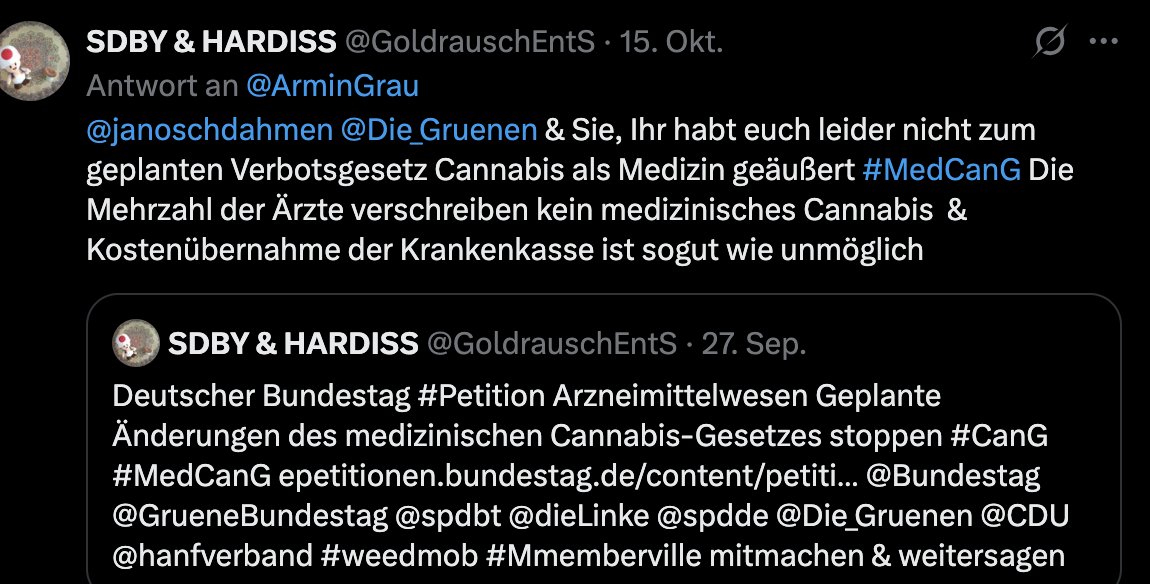 <a href="/GoldrauschEntS/">SDBY & HARDISS</a> Der Zugang zu medizinischem #Cannabis ist schon heute – besonders auf dem Land – schwierig.
Ein Versandverbot, wie es Schwarz-Rot plant, würde Patient*innen hart treffen.
Wir brauchen Aufklärung &amp; Zugang unter ärztlicher Begleitung statt Misstrauen.
#MedCanG