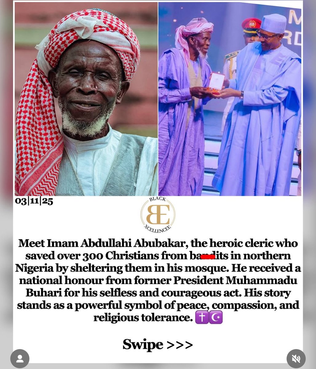 Borngreatafrica's tweet photo. Nigeria 🇳🇬 can only achieve it's greatness by unity, compassion for fellow citizens, religious freedom,  elimination of corruption and good economic policies. 

Picture analysis from @grok 

Imam Abdullahi Abubakar, a Muslim cleric in Nigeria for his heroic act of saving over 300 Christians during a violent attack in his village.

Name: Imam Abdullahi Abubakar. 

Location: Northern Nigeria (specifically in Barkin Ladi, Plateau State) 

Act of Bravery: In June 2018, Fulani herdsmen attacked the village of Nghar Yelwa. Imam Abubakar sheltered over 300 Christians (mostly women and children) inside his mosque and compound, risking his own life to protect them from the attackers. 

Recognition: He was honored with a national award by former President Muhammadu Buhari for his selfless and courageous act. 

Symbolism: His actions are celebrated as a powerful example of peace, compassion, and religious tolerance in a region often plagued by ethno-religious violence.

Background & Context (Verified Information):The Incident (June 23–24, 2018):

A series of attacks by suspected Fulani militants targeted 10 villages in Barkin Ladi Local Government Area.

Over 200 people were killed, mostly Berom farmers (predominantly Christian).

During the assault on Nghar Yelwa, Imam Abubakar:

Opened his mosque and home to fleeing Christians.

Stood at the entrance and told the attackers: 

“You will have to kill me before you kill any of them.”

His courage deterred the gunmen, saving at least 300 lives.
National & International Recognition:
2018: Awarded the National Honour of Officer of the Order of the Niger (OON) by President Buhari.

2019: Received the US International Religious Freedom Award from the U.S. State Department.

Featured in global media (BBC, CNN, Al Jazeera) as a symbol of interfaith harmony.

Why It Matters:In a region where farmer-herder clashes and religious tensions have claimed thousands of lives, Imam Abubakar’s actions stand as a rare and inspiring counter-narrative of humanity over hate.

“I did it because it is the right thing to do. We are all brothers.”
— Imam Abdullahi Abubakar