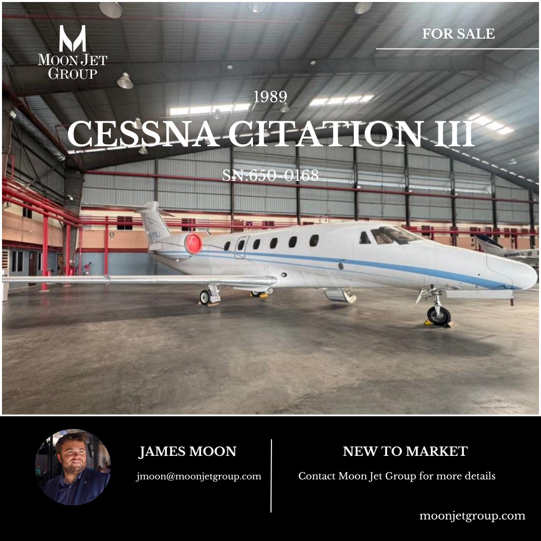 MoonJetGroup's tweet photo. New to Market

Moon Jet Group is pleased to present this Cessna Citation III (SN: 650-0168 ) for sale.

For further aircraft information, please visit: https://t.co/sgMUE7I0uN

#moonjetgroup #cessna #privatejet #aircraftsales #businessaviation https://t.co/VTcPfYHG3A