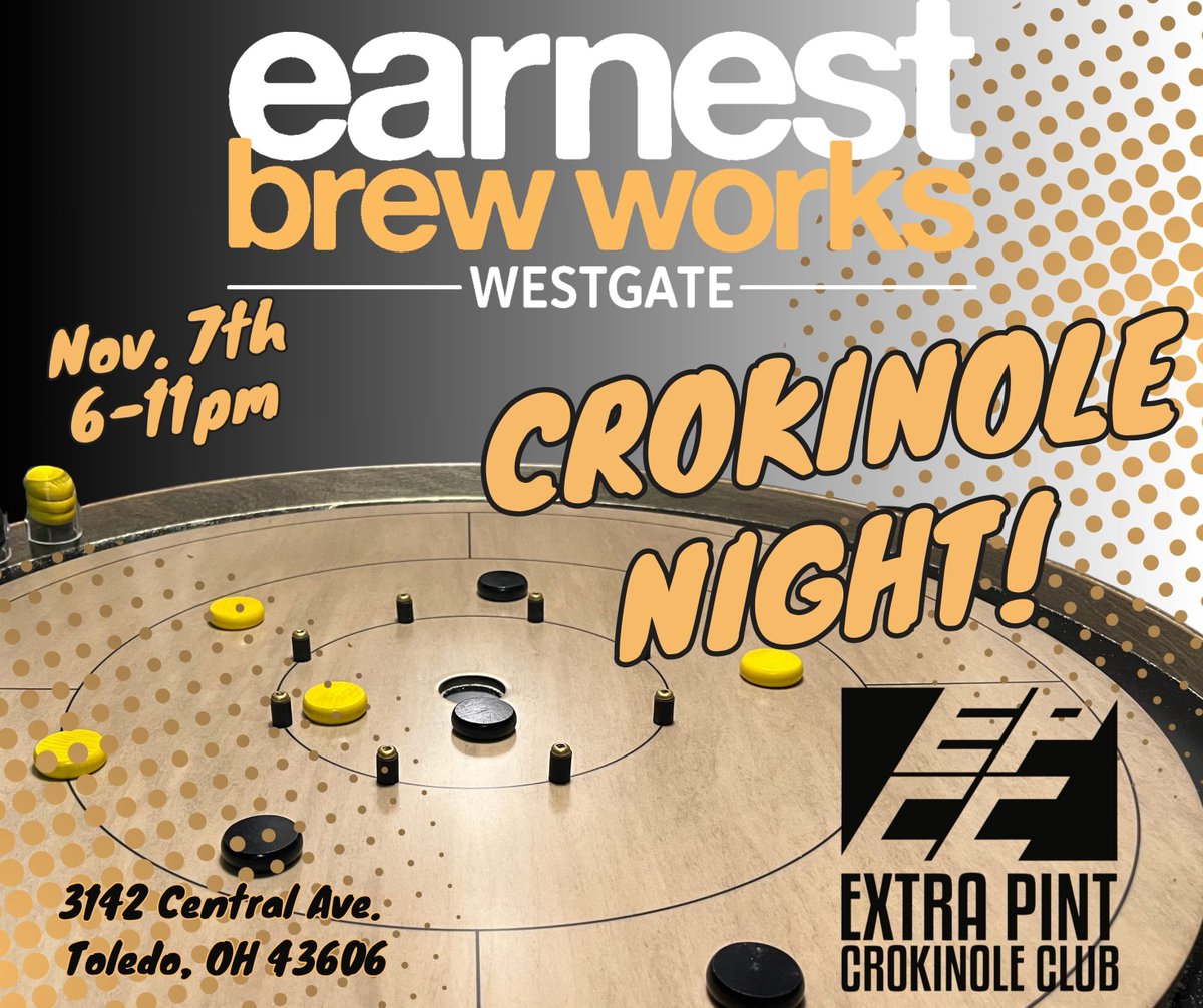 ExtraPintToledo's tweet photo. Crokinole night is this Friday 11/7 at Earnest brew works Westgate, come on out for a pint and a flicking great time! 🍻 https://t.co/jLma58qPaY