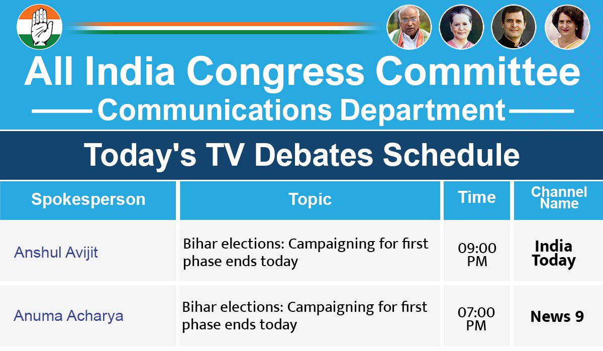 AICCMedia's tweet image. The following spokespersons of the Indian National Congress will be representing the party in television debates today-

@AnshulAvijit with @sardesairajdeep on @IndiaToday 

@AnumaVidisha with @kartikeya_1975 on @News9Tweets